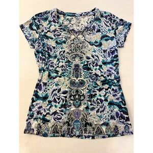 Style & Co Sport Womens Blue Abstract Floral Rhinestone Medallion Top Medium